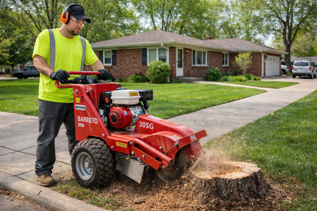 Stump Grinding Service grinding stump in side yard of goshen home